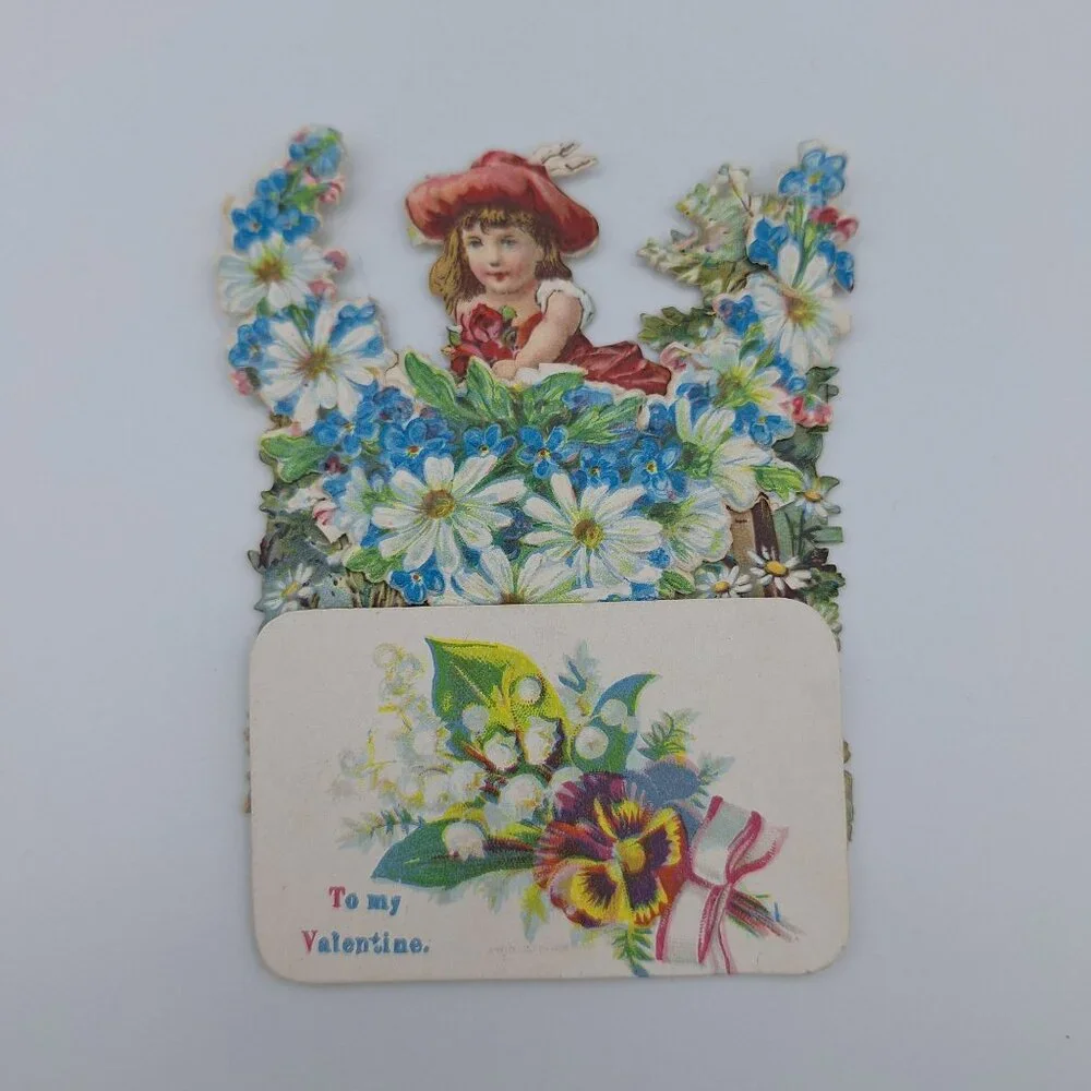 Vintage Pop‎ Up Valentines Day Card Girl Flowers Puppy Decor Folding Standing